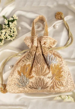 Hand Embroidered Art Silk Potli Bag in Beige