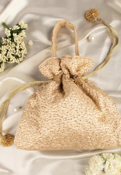Hand Embroidered Art Silk Potli Bag in Beige