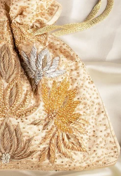 Hand Embroidered Art Silk Potli Bag in Beige