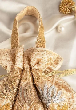 Hand Embroidered Art Silk Potli Bag in Beige