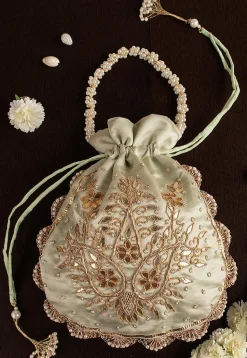Hand Embroidered Art Silk Potli Bag in Pastel Green