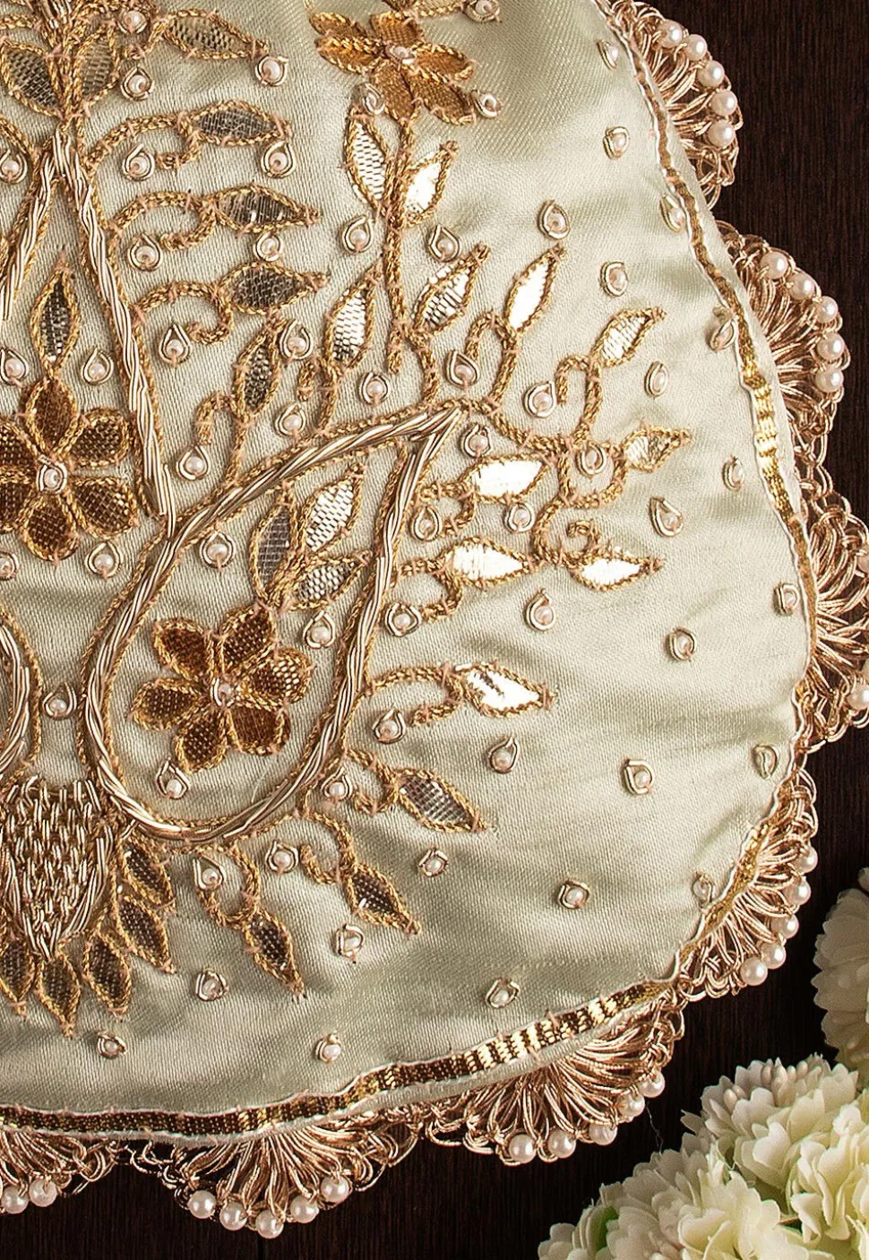 Hand Embroidered Art Silk Potli Bag in Pastel Green