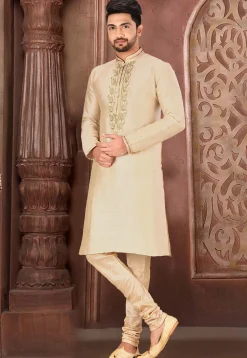Hand Embroidered Art Silk Kurta Set in Light Beige