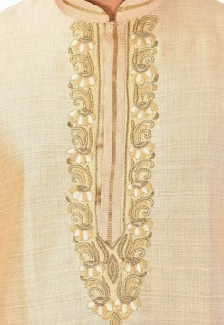 Hand Embroidered Art Silk Kurta Set in Light Beige