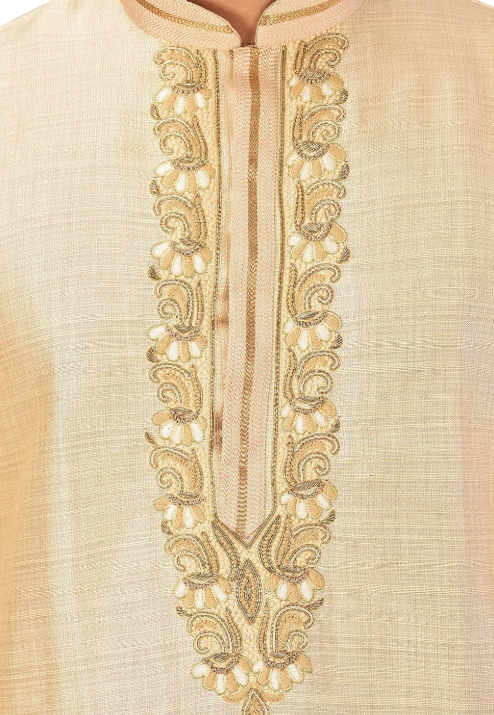 Hand Embroidered Art Silk Kurta Set in Light Beige