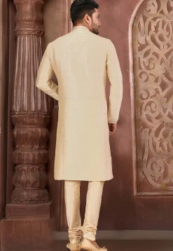 Hand Embroidered Art Silk Kurta Set in Light Beige