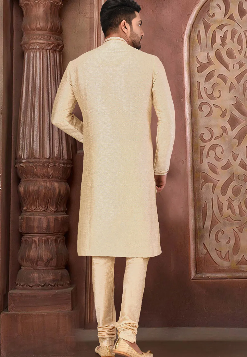 Hand Embroidered Art Silk Kurta Set in Light Beige