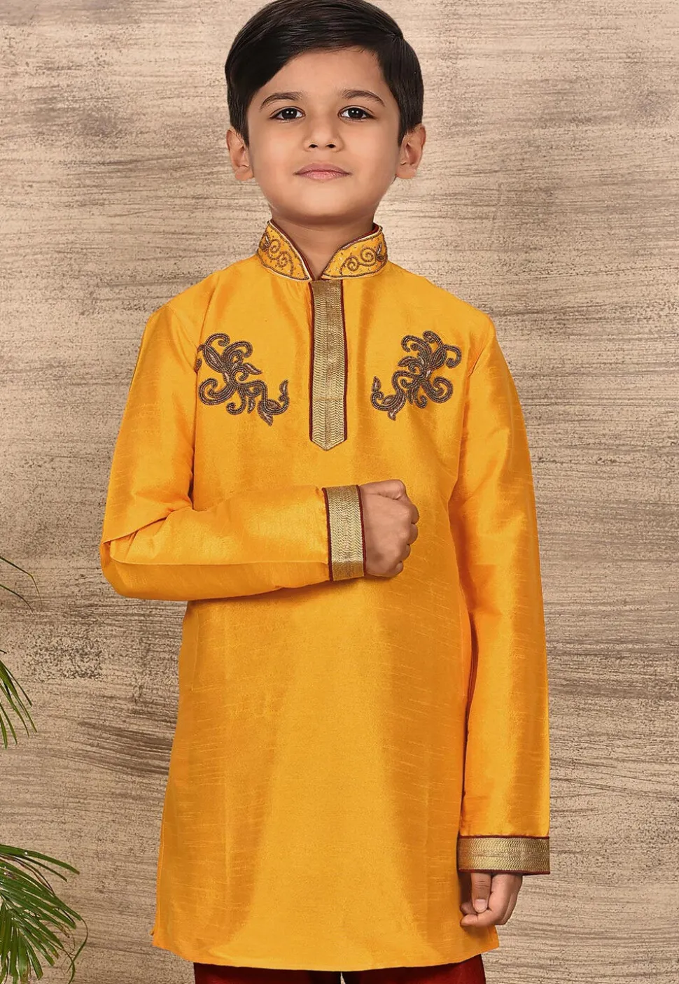Hand Embroidered Art Silk Kurta Set in Mustard