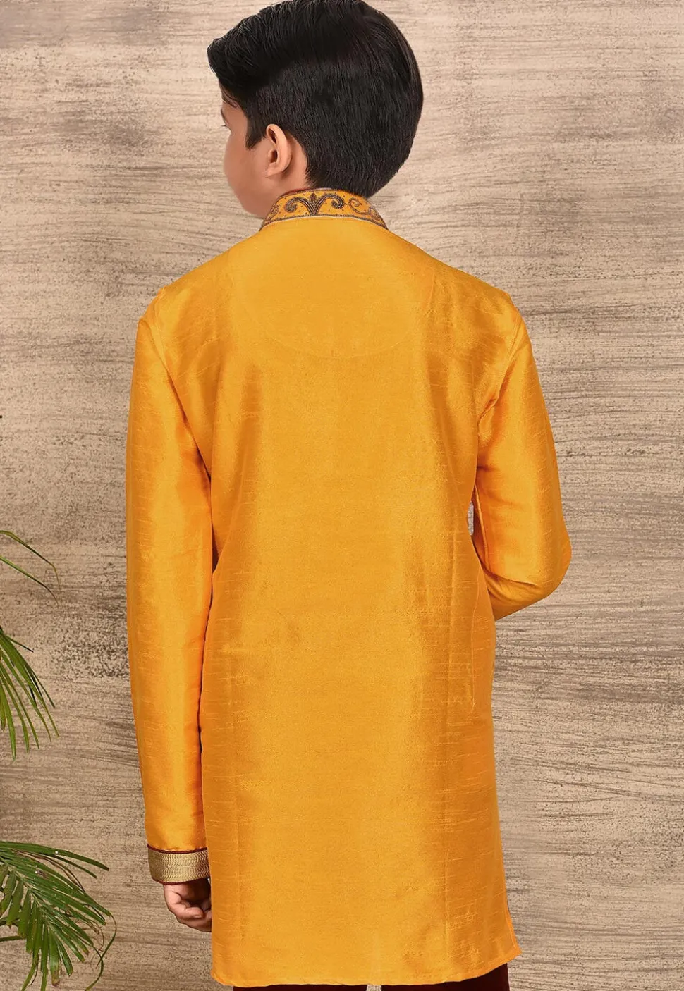 Hand Embroidered Art Silk Kurta Set in Mustard