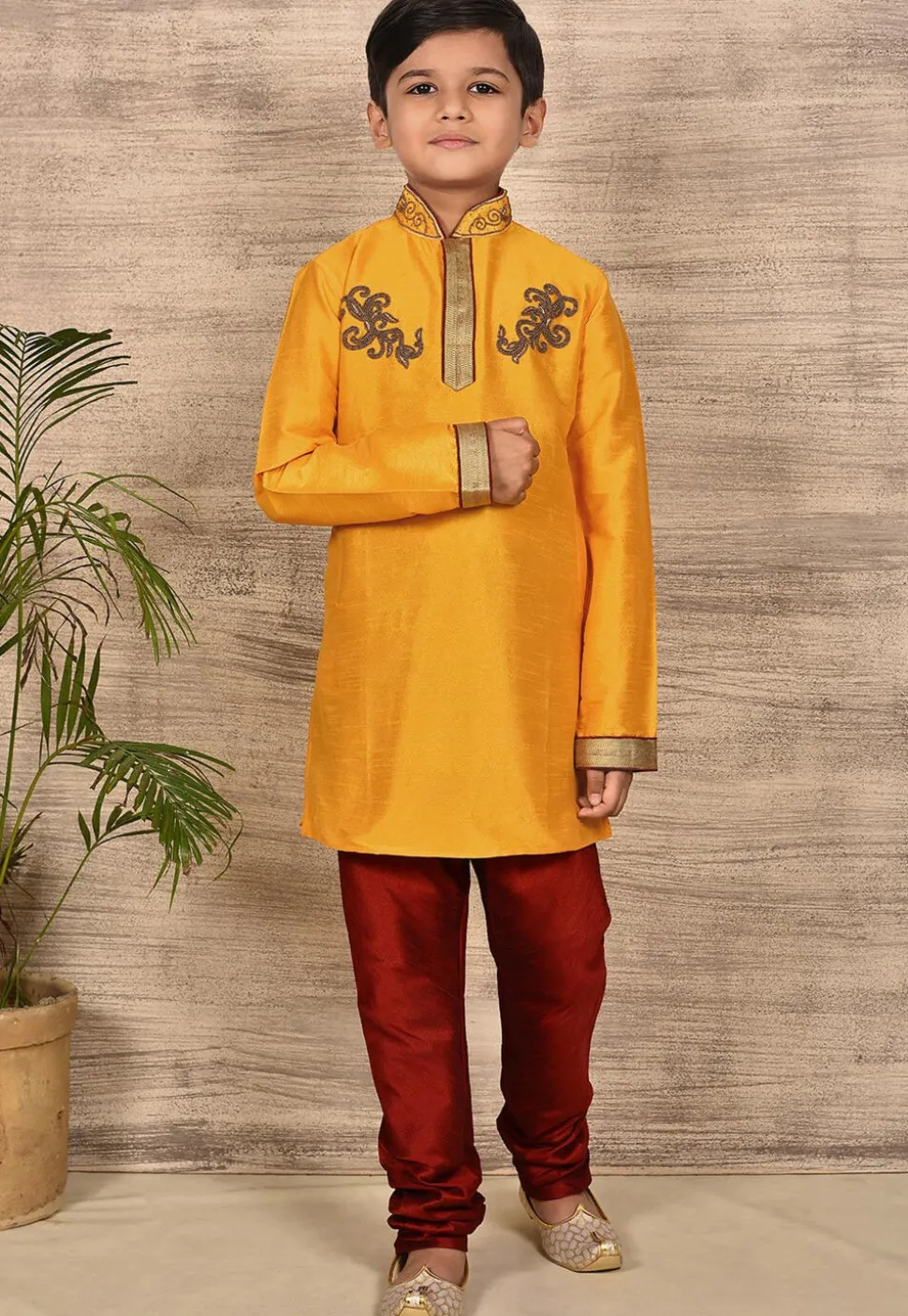 Hand Embroidered Art Silk Kurta Set in Mustard