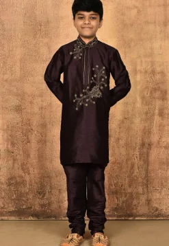 Hand Embroidered Art Silk Kurta in Wine