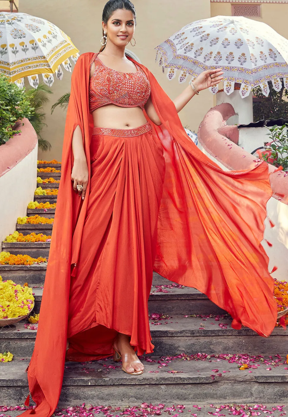 Hand Embroidered Art Silk Crop Top Set in Orange