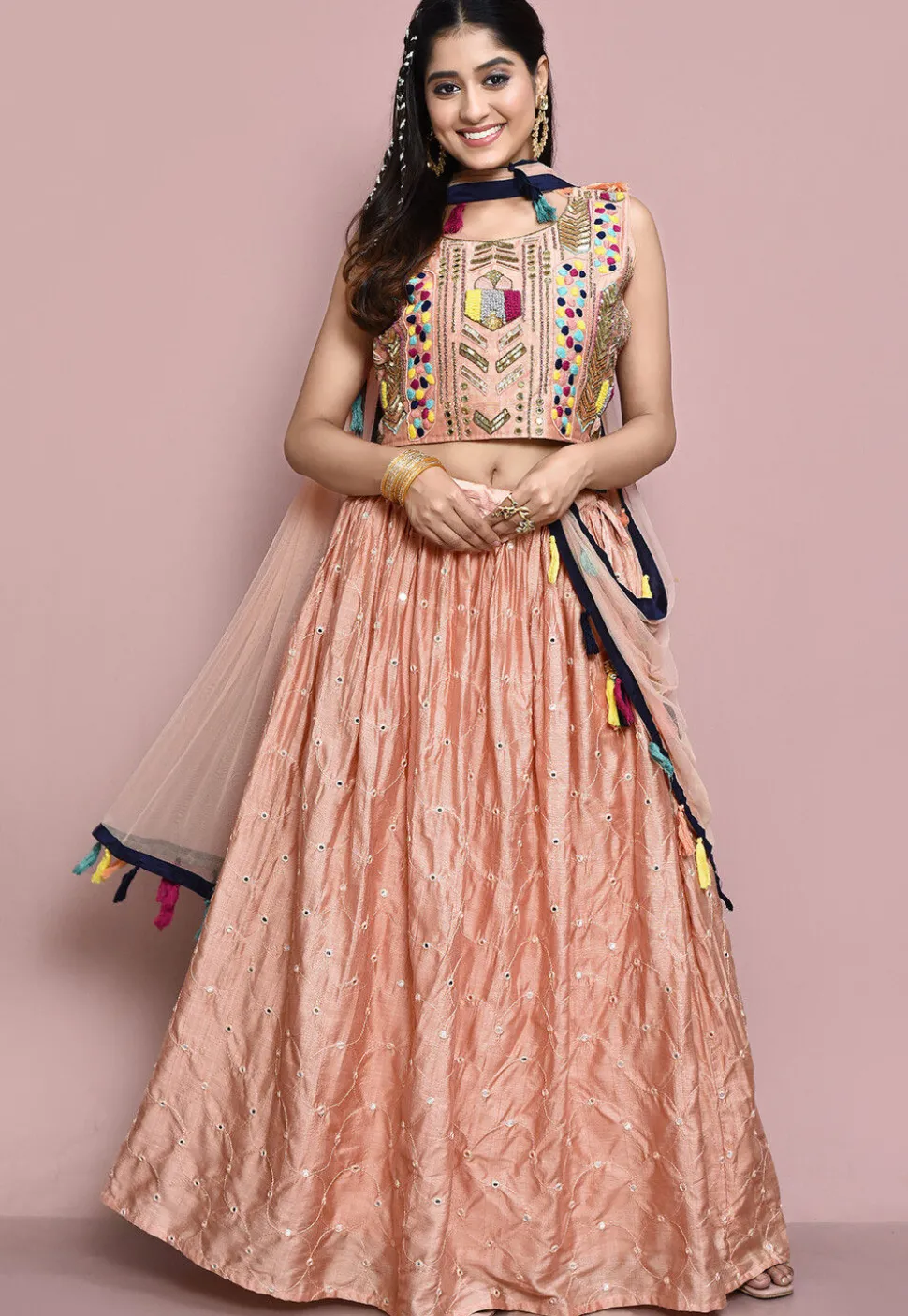 Hand Embroidered Art Silk Lehenga in Peach
