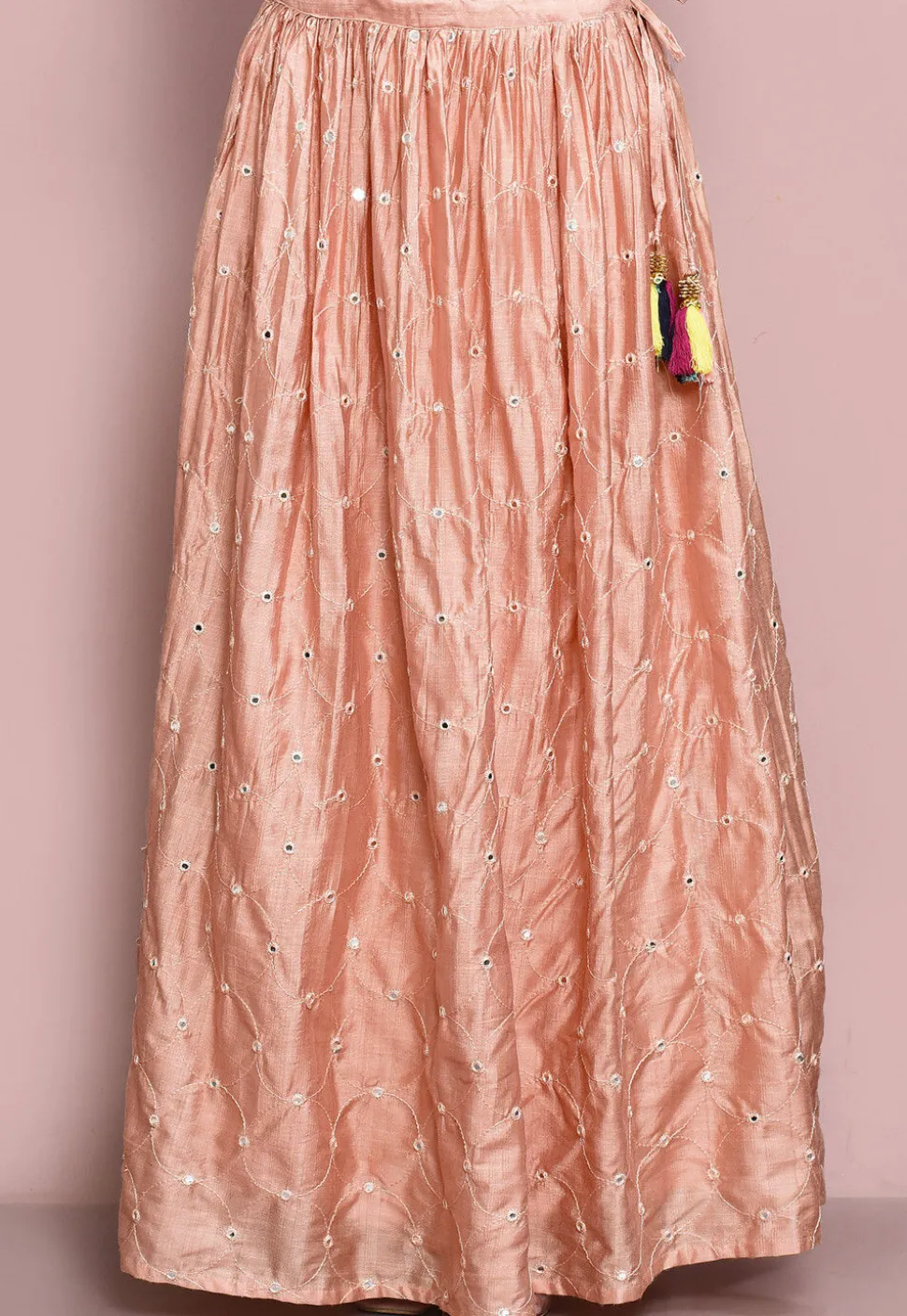 Hand Embroidered Art Silk Lehenga in Peach