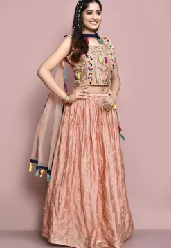 Hand Embroidered Art Silk Lehenga in Peach