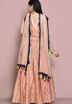 Hand Embroidered Art Silk Lehenga in Peach