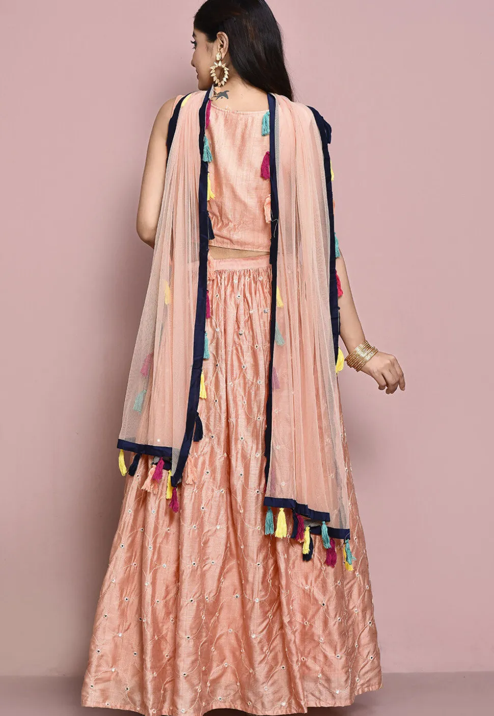Hand Embroidered Art Silk Lehenga in Peach