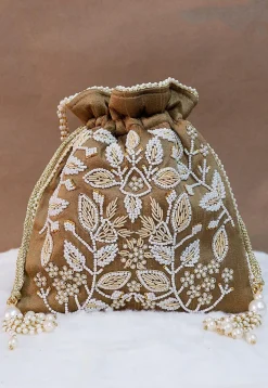 Hand Embroidered Art Silk Potli Bag in Copper Brown