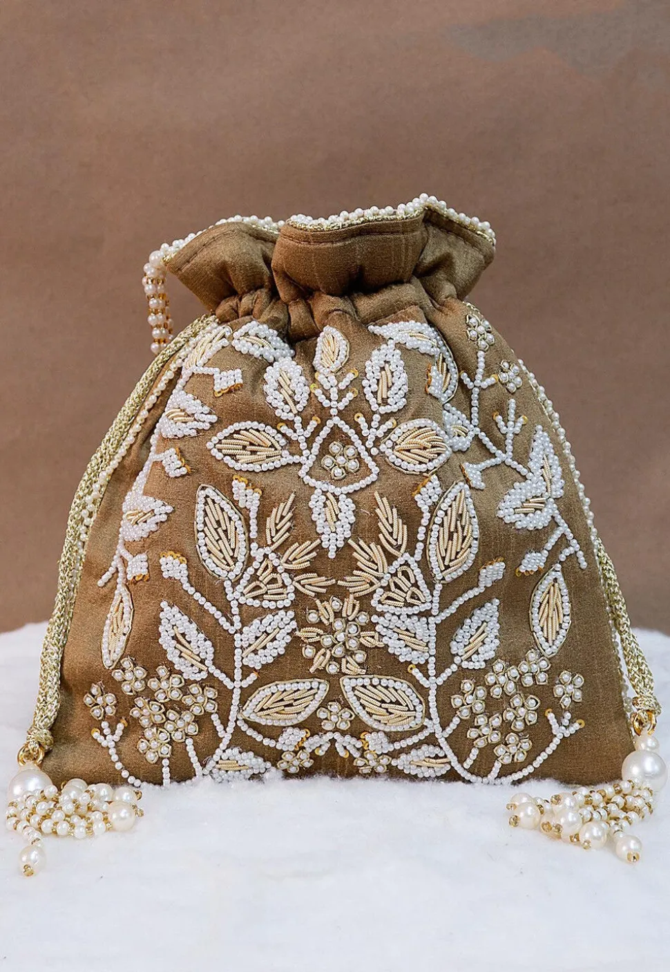 Hand Embroidered Art Silk Potli Bag in Copper Brown