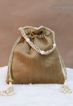 Hand Embroidered Art Silk Potli Bag in Copper Brown