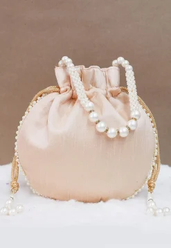 Hand Embroidered Art Silk Potli Bag in Rose Gold