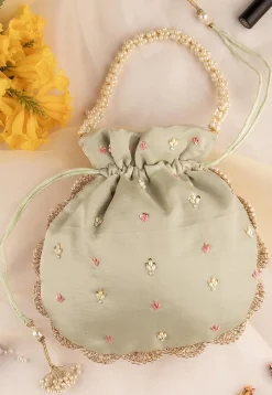 Hand Embroidered Art Silk Potli Bag in Pastel Green