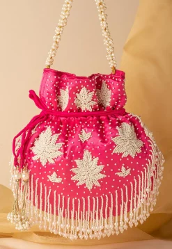 Hand Embroidered Art Silk Potli Bag in Fuchsia