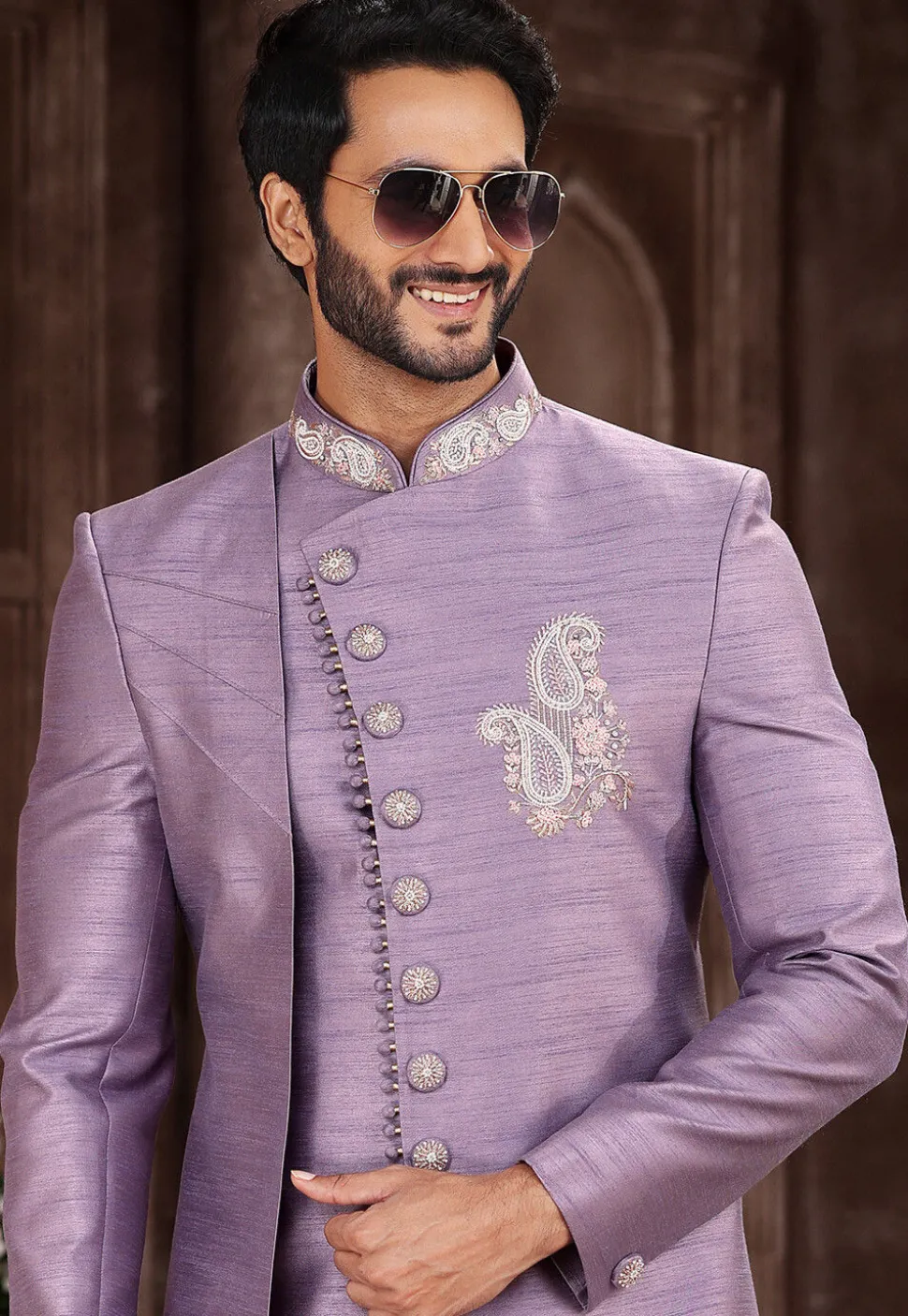 Hand Embroidered Art Silk Asymmetric Sherwani in Light Purple