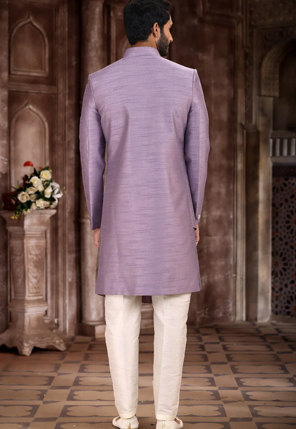 Hand Embroidered Art Silk Asymmetric Sherwani in Light Purple