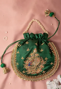 Hand Embroidered Art Silk Potli Bag in Dark Green