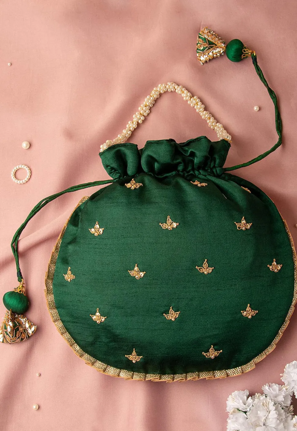 Hand Embroidered Art Silk Potli Bag in Dark Green