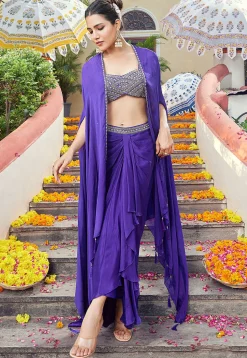 Hand Embroidered Art Silk Crop Top Set in Purple