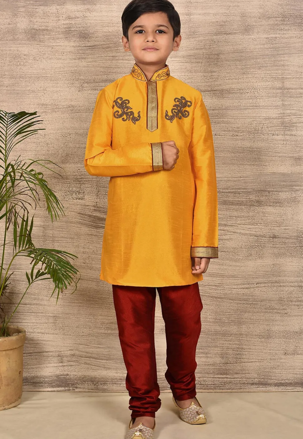 Hand Embroidered Art Silk Kurta in Mustard