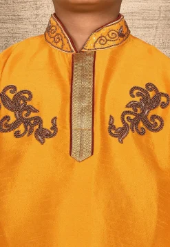 Hand Embroidered Art Silk Kurta in Mustard