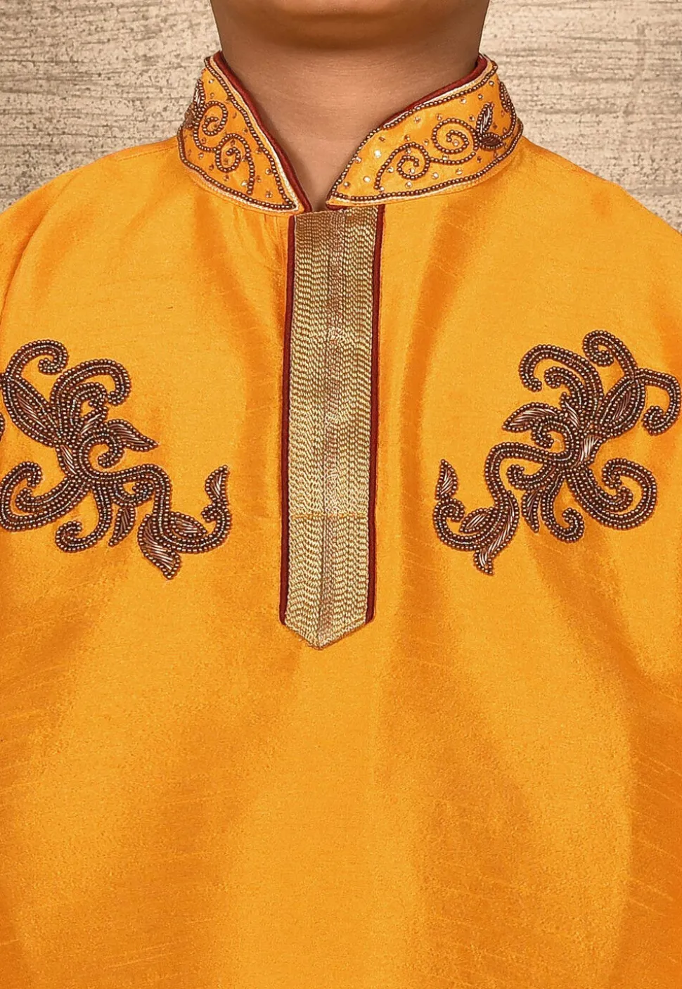 Hand Embroidered Art Silk Kurta in Mustard