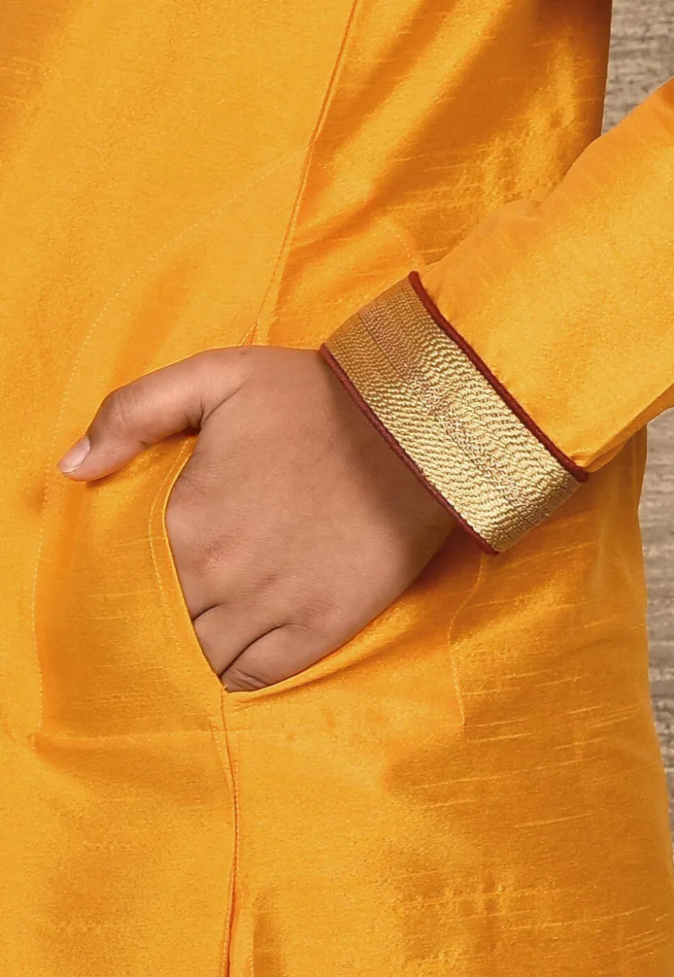 Hand Embroidered Art Silk Kurta in Mustard