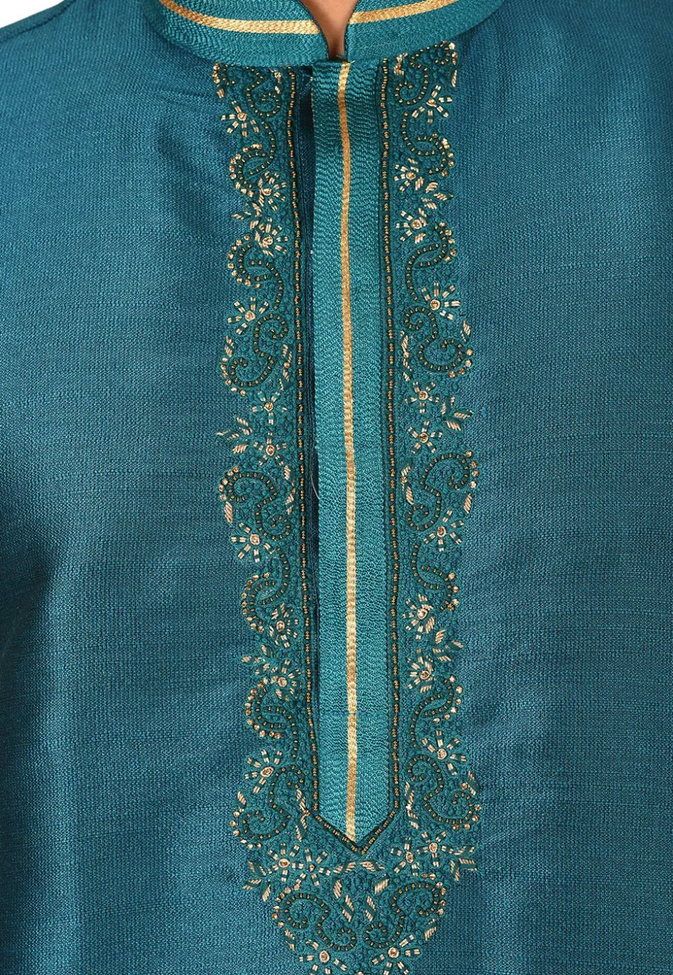 Hand Embroidered Art Silk Kurta in Teal Blue