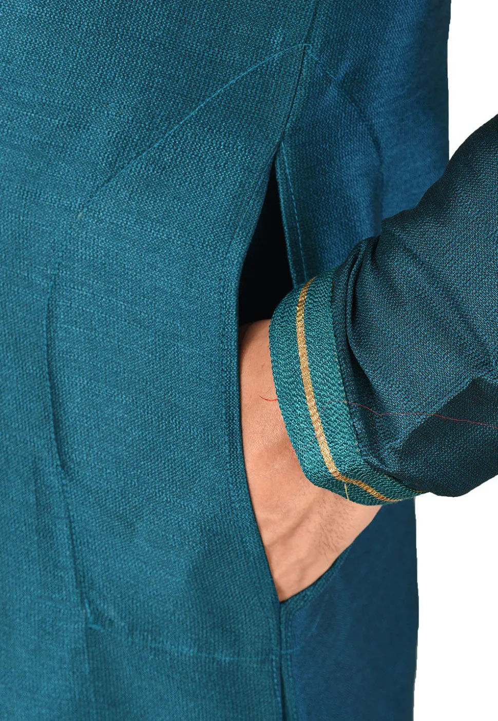 Hand Embroidered Art Silk Kurta in Teal Blue