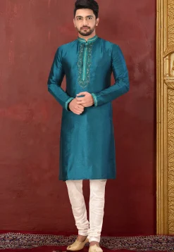 Hand Embroidered Art Silk Kurta in Teal Blue