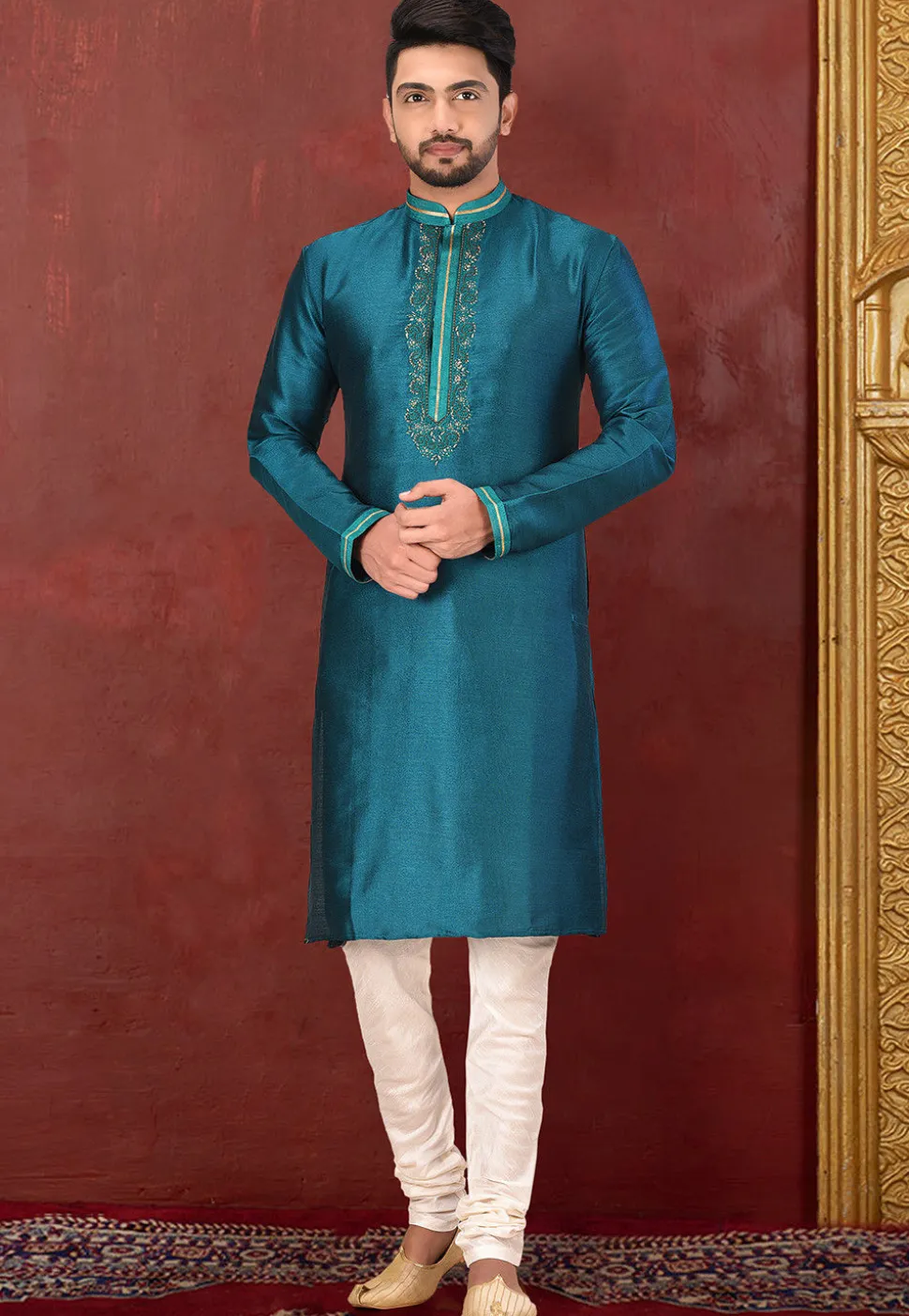 Hand Embroidered Art Silk Kurta in Teal Blue