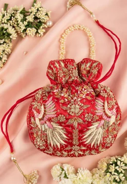 Hand Embroidered Art Silk Potli Bag in Red