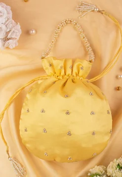 Hand Embroidered Art Silk Potli Bag in Pastel Yellow