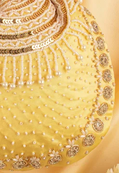 Hand Embroidered Art Silk Potli Bag in Pastel Yellow