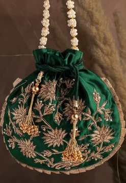 Hand Embroidered Art Silk Potli Bag in Dark Green
