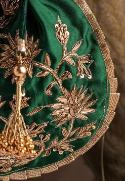 Hand Embroidered Art Silk Potli Bag in Dark Green