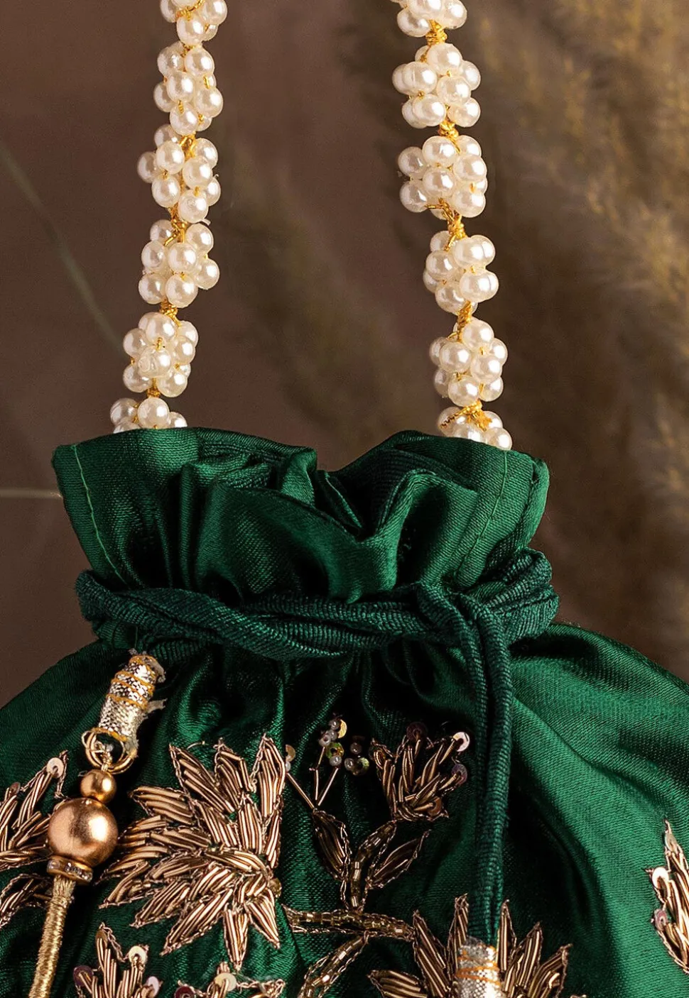 Hand Embroidered Art Silk Potli Bag in Dark Green
