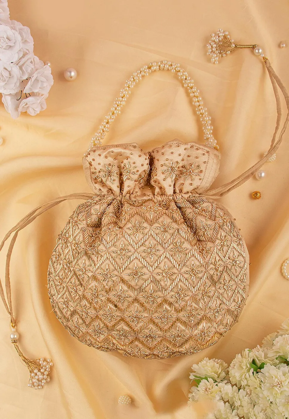 Hand Embroidered Art Silk Potli Bag in Dark Beige