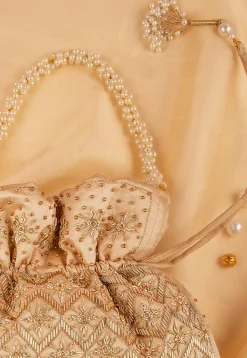 Hand Embroidered Art Silk Potli Bag in Dark Beige