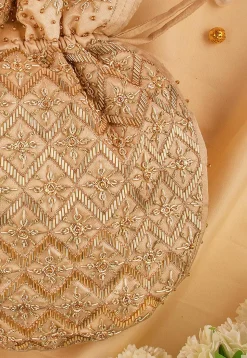 Hand Embroidered Art Silk Potli Bag in Dark Beige