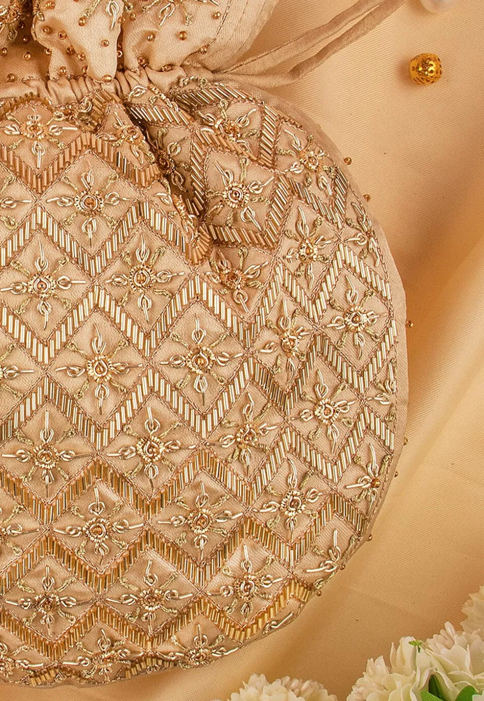 Hand Embroidered Art Silk Potli Bag in Dark Beige